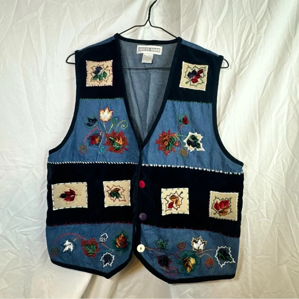 Vintage Dress Barn denim Blue vest womens large embroidered patchwork leaf  Fall